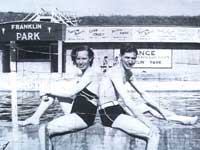DuReece and Wyeth Porr swim on their honeymoon in 1938 (above), then gather around a pool in 1995 with granddaughter Becky Bricker and great-grandson Austin.