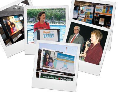 Clockwise from top left: A Public

Service Announcement in a Washington, D.C., metro station; Inez

Tenenbaum, chairwoman of the Consumer Product Safety Commission,

addresses the crowd at a Pool Safely event in Houston over the

summer; the CPSC’s booth at the International Pool | Spa |

Patio Expo in Las Vegas in November; Kathleen Reilly, CPSC public

affairs specialist, addresses the crowd during a press conference

at the IPSPE as Bill Weber, CEO of the Association of Pool and

Spa Professionals, looks on; a Spanish-language PSA billboard in

Miami.