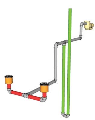 Individually tailored: Vent-line configurations should be determined by a qualified engineer based on the project parameters. This example branches down several feet before going up to atmosphere, to prevent the line from evacuating when the pump turns on.