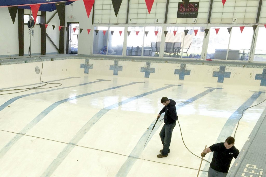 Workers prepare the new aquatics facility of the Boys & Girls Club of Monmouth County at Asbury Park in New Jersey.