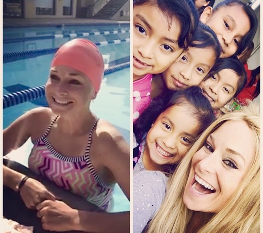 Left: Georgia Van Cuylenburg pauses to speak with supporters. Right: Georgia Van Cuylenburg poses with some of the children Arts Bridging the Gap serves.