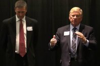 APSP outgoing Chairman Rich Garbee and NSPF Chairman Bruce Dunn (l-r) discuss the potential unification of the associations.