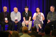 From left: Scott Bowron, sales representative, NCAquatics; Joseph Stefanyak, senior director, Jeff Ellis & Associates; Dr. James Amburgey, associate professor of civil and environmental engineering, University of North Carolina at Charlotte; Dr. Darla Goeres, associate research professor, Center for Biofilm Engineering, Montana State University; Dr. Michael Beach, associate director for Healthy Water, CDC’s National Center for Emerging Zoonotic Infectious Diseases.