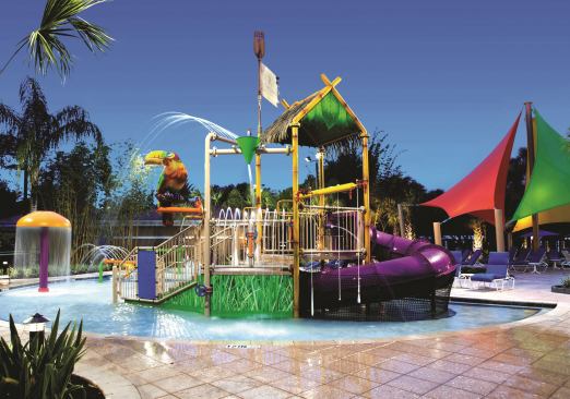 The theming was meant to echo the city and its attractions with a playful tropical paradise vibe, reinforced with bright colors and icons such as tropical birds, sea creatures and tiki huts.