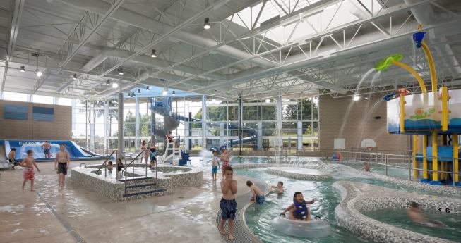 The recreation pool also contains a lazy river, water slide, therapy whirlpool and diving well. Floor-to-ceiling windows maximize daylight and the view of the outside environment.