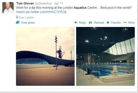 @Gloverboy is enjoying the new digs at the 
newly re-opened London Aquatics Centre, but he isn't the only one. Olympic bronze medalist Tom Daley just 
launched his diving academy there in hopes of utilizing the venue of the 2012 Summer Olympics to track down new talent. It seems like this should be an easy task to accomplish given the warm welcome the venue has received from the public thus far. #AISwimSocial
