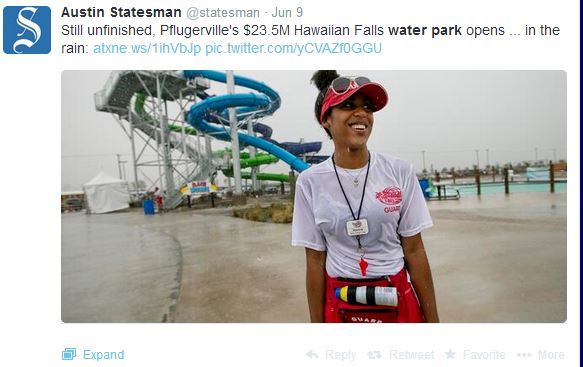There's something so ironic about a new waterpark celebrating its grand opening in the rain. At least 
@statesman caught this Hawaiian Falls lifeguard in good spirits for her first day on the job. #AISwimSocial