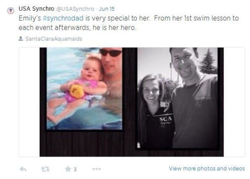 If we were giving an award for best Father's Day salutes, 
@USASynchro would take first place. Several images, including this one, surfaced on Twitter, and it made us smile to think about all the dad's who support their kids and encourage them to follow their dreams, especially when it involves a healthy activity like swimming. #AISwimSocial