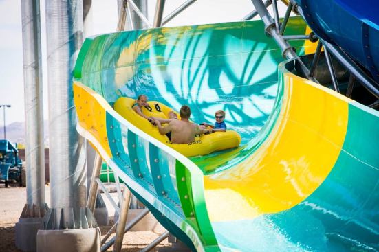 According a press release from slide maker Polin, the new Family Rafting Slide at Cowabunga Bay is the first and only resin transfer molded (RTM)-manufactured family slide in the industry. A 9-degree slope takes passengers on an 8.5 mile per second ride through more than 600 feet of twists and turns, wild "S" curves and an overall 60-foot change in elevation.