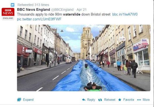 From the looks of this photo shared by 
@BBCEngland, the region is ripe for a new waterpark. In fact, 
more than 100,000 have applied to slide down the street, an event that would be funded by cash already raised on a crowd-funding website. Any developers out there willing to take on the challenge of bringing a more enhanced experience to the Bristol, England, area? #AISwimSocial