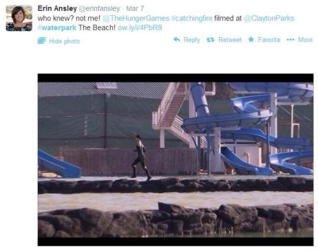 @aquaticsintl online editor 
@erinfansley  cracked the 
Hunger Games code. Well not really. But she did discover that the adaptation of 
Catching Fire was filmed at 
@ClaytonParks waterpark in Georgia. Other facts about movies involving water scenes have surfaced over the years, often taking away some of the magic. For example, at one point it was thought that parts of 
Titanic had been shot in an inflatable swimming pool, but this has since been debunked. Yet the pictures of Leonard Dicaprio and Kate Winslet still make their rounds claiming it's true, leaving many to feel cheated. However, for some reason, knowing 
Catching Fire didn't actually take place in the middle of a jungle doesn't change the movie's greatness. In fact, it's kind of a nice homage to the waterpark industry in a way, don't you think? #AISwimSocial