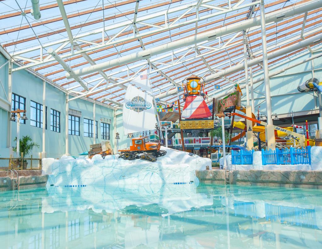 Aquatopia Indoor Waterpark at Camelback Lodge: Each section represents a place or event from Kartrite’s expeditions. Kartrite’s Quest features immersive aqua-play structures such as age-appropriate zones and slides, as well as nearly 100 water gadgets and features, topped by a 1,000-gallon dumping bucket.