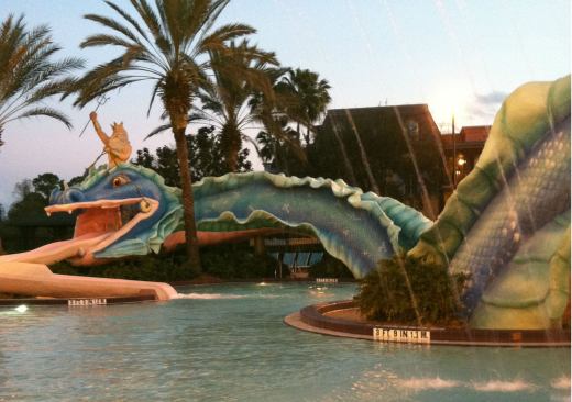 Disney's Port Orleans Resort – French Quarter, Walt Disney World Resorts This Mardi Gras-themed pool area features King Neptune sitting atop a sea serpent.