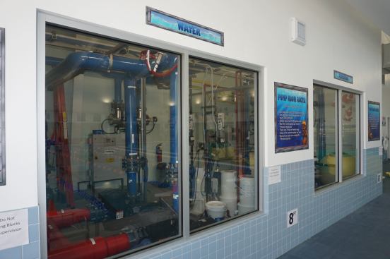 A window to the equipment room allows parents to see how the water is treated. All pools have their own separate water systems with ultraviolet sanitation.