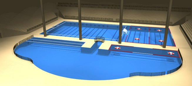 Here's the 50 meter version. It includes seating for 1,500. Like the 25 meter design, the Aqua Gate can separate and isolate temperature and water pH between the competition pool and teaching pool. It is within the facility’s discretion when to open the Aqua Gate. 