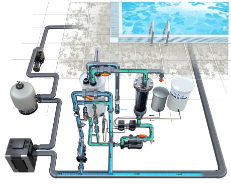 Installation of a batch chlorine generation system that uses salt to produce chlorine to sanitize pool water. This technology eliminates the need to handle bulk chlorine.