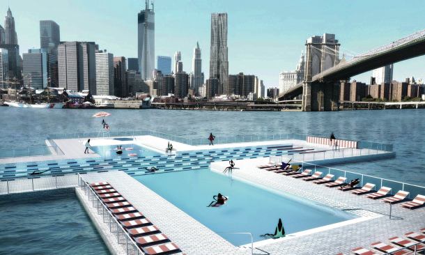 AMBITIOUS POOL GAINS ATTENTION  Three young, New York-based architects have designed a pool that can float on the East River, with walls that act as a passive filtration system to make the water suitable for humans.