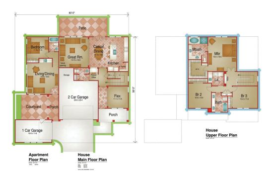 The family-friendly floor plan includes a great room, a flexible space for a den or formal dining, and three bedrooms upstairs. The attached rental unit comes with a private courtyard, and a windowless wall in the rear bedroom preserves the main house’s patio privacy.

