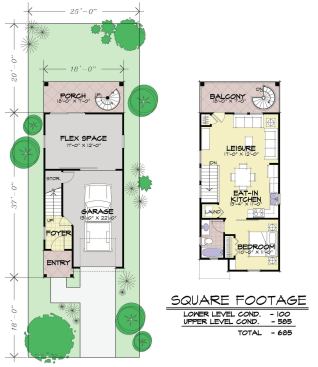 The front-load plan allows for a multipurpose room at the rear of the garage and extends the space with a porch, making it ideal as a workshop, art studio, or crash pad. 

