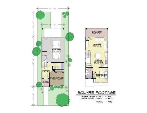 On single rear-loaded homes, the street-level flex room moves to the front of the house, where it is more connected to the upper level. It could accommodate a roommate, and there’s ample space to add a full bath. 

