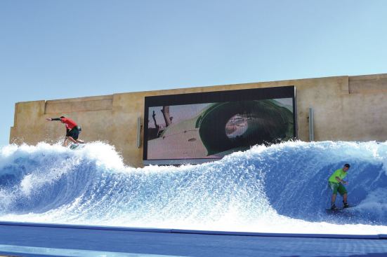 The park offers 43 rides, slides and attractions that fall into four thrill levels to attract all ages and tastes. This surfable sheet wave, which designers say is the largest of its kind, is called Bubbles’ Barrel and is one of six rides rated at the extreme thrill level. It is 3 meters high and powered by 1,250-horsepower pumps moving 7,000 liters of water per second. Programming projected on the screen in back adds to the atmosphere.
